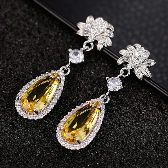 🪷Pear Cut Yellow Topaz &Cz Diamond Silver Lotus Flower post back Drop Earrings - Picture 6 of 6